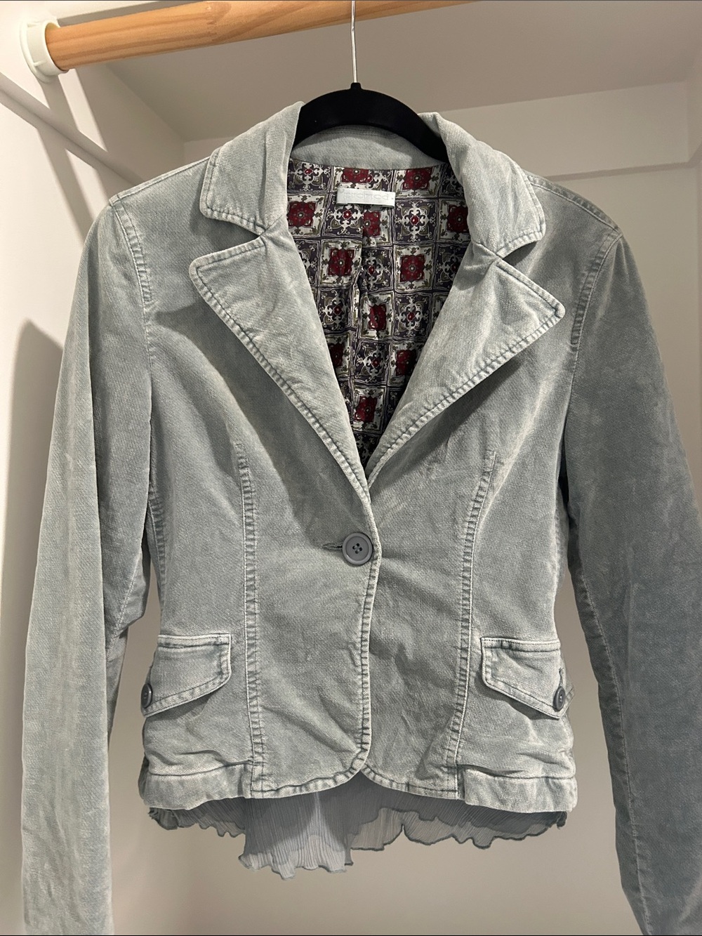 Promod Light Blue Gray Corduroy Single-Button Blazer with Patterned Lining
